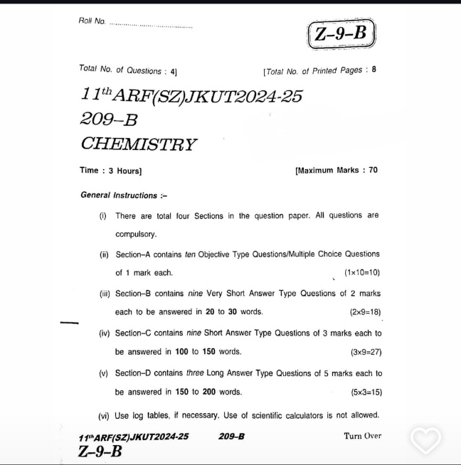 JKBOSE 11th Question Paper Today: Chemistry Paper Download Session 2024-25 11th chemistry swipse1