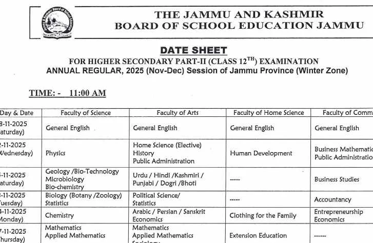 JKBOSE Class 12th Date Sheet for Jammu Division (Winter Zone), Annual Regular Session 2025 Kashmir Student Alerts